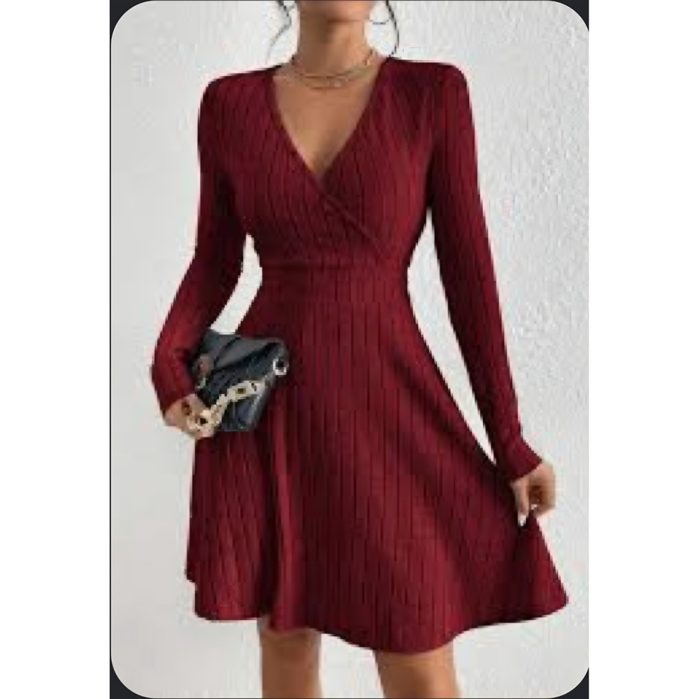 Shein Burgundy Red Long Sleeve V-Neck Ribbed Skater Dress sw210619373109